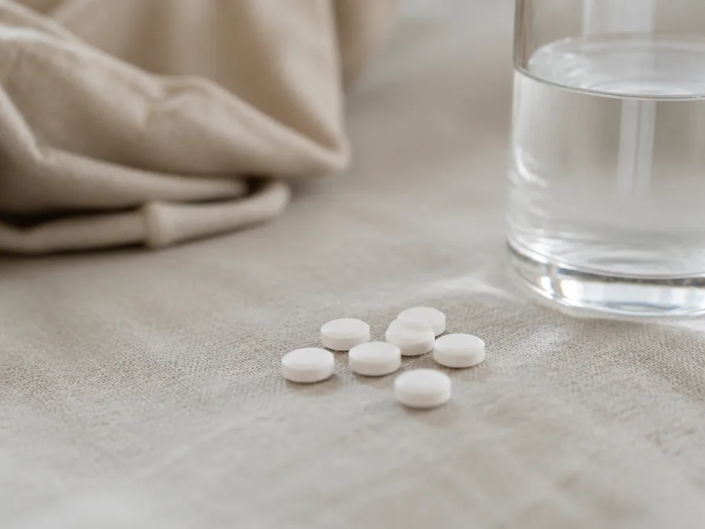 Vita tabletter på linnetyg bredvid ett glas vatten, mjukt fönsterljus och neutral bakgrund