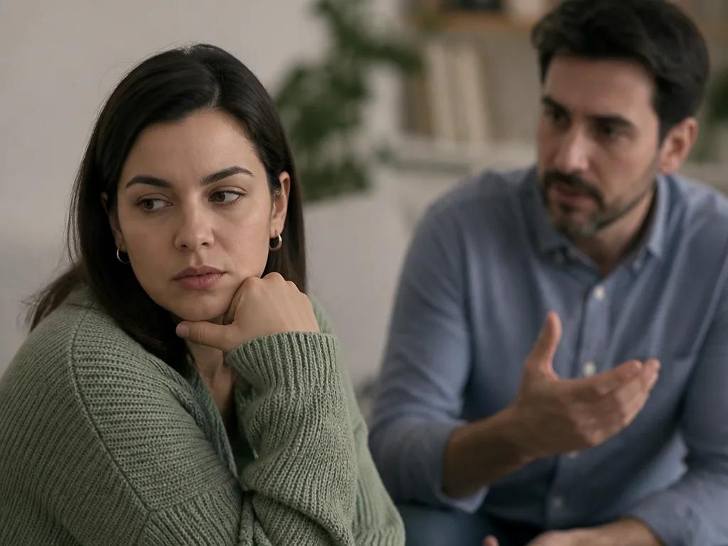 Två personer i ett spänt samtal där en person tittar bort med ett skyddat uttryck – symboliserar den svåridentifierade dynamiken i en relation med dold narcissism