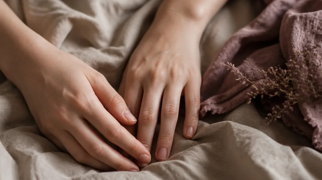 Två händer vilande nära varandra på ett linnetyg i varmt naturligt ljus