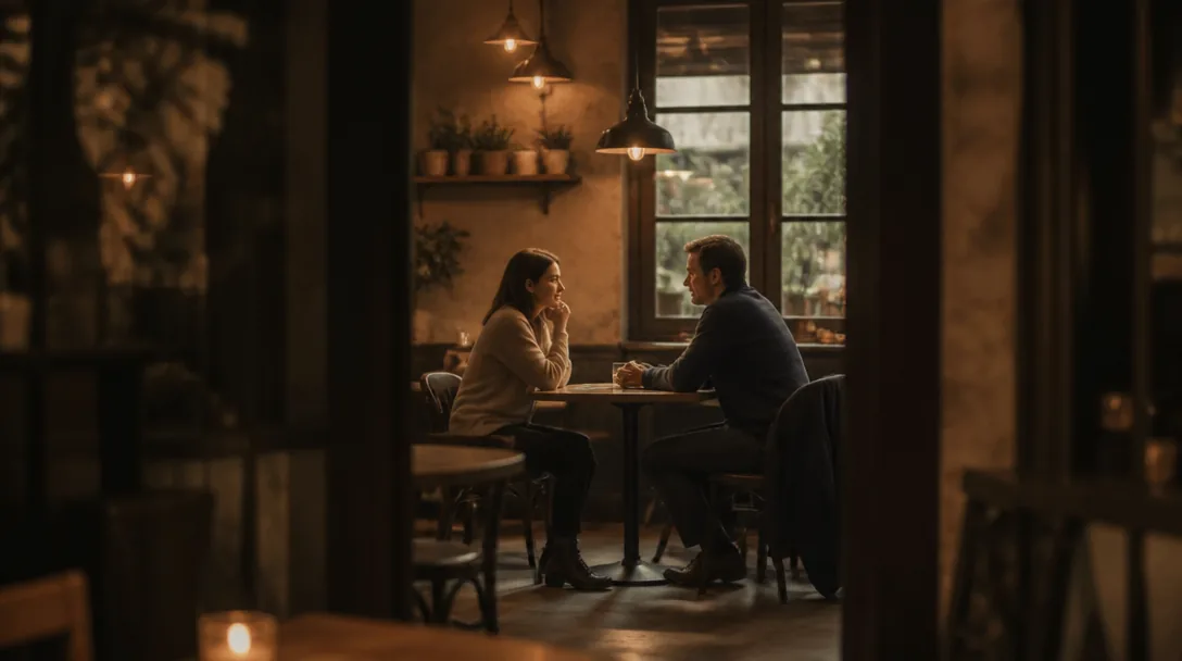 Två personer sitter vid ett litet cafébord i varmt ljus, avslappnat samtal på avstånd
