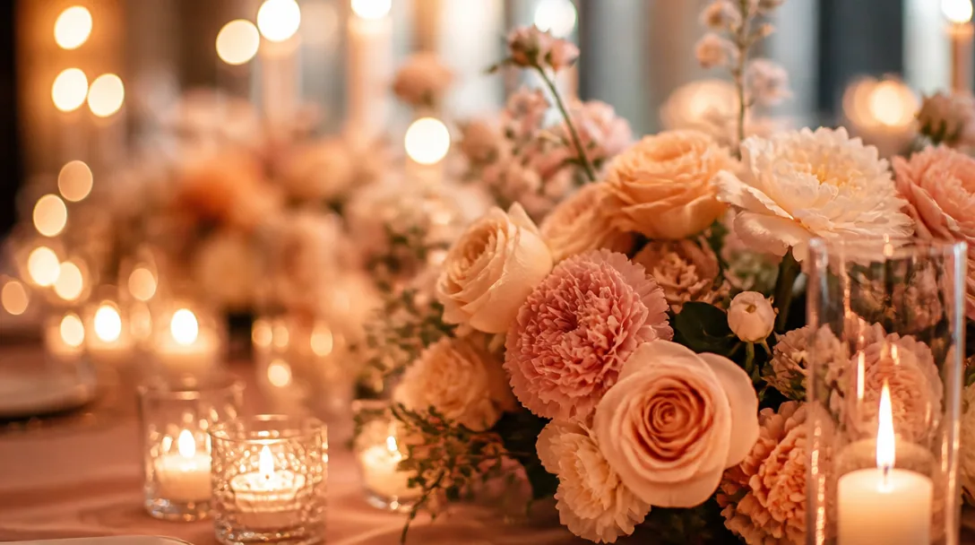 Mjukt bokehmönster av varma ljus och blommor på ett bord, romantisk och lugn stämning