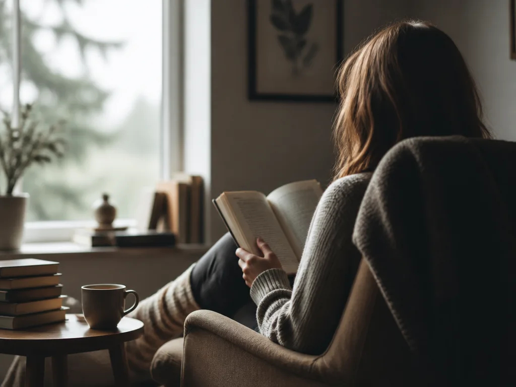 Person sitter ensam i en mysig fåtölj vid ett fönster med böcker och te – symboliserar den introverta personlighetens behov av återhämtning i lugn och ro