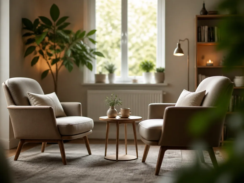 Lugnt terapirum med två bekväma fåtöljer vända mot varandra i varmt naturligt ljus – symboliserar KBT-behandlingens strukturerade samtal