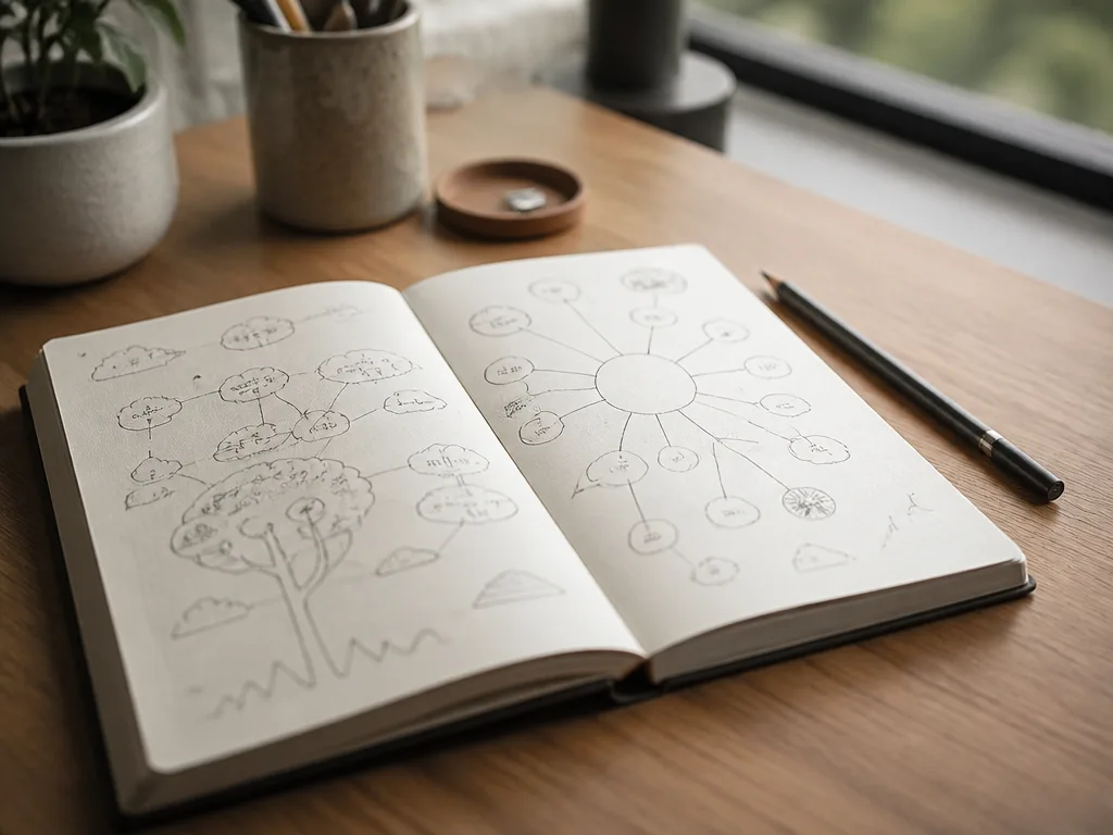 Öppen anteckningsbok med handritad tankekarta och diagram på ett träbord, naturligt fönsterljus och en penna vid sidan