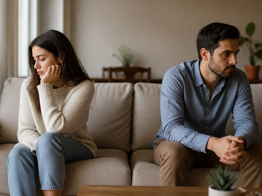 Två personer sitter i varsin ände av en soffa, en tittar ner och undviker ögonkontakt i ett lugnt men spänt vardagsrum