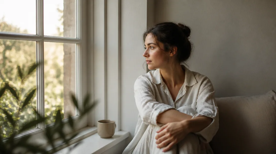 Stilla person sitter vid ett ljust fönster i mjukt naturligt ljus, handerna i knät, lugn och fridfull