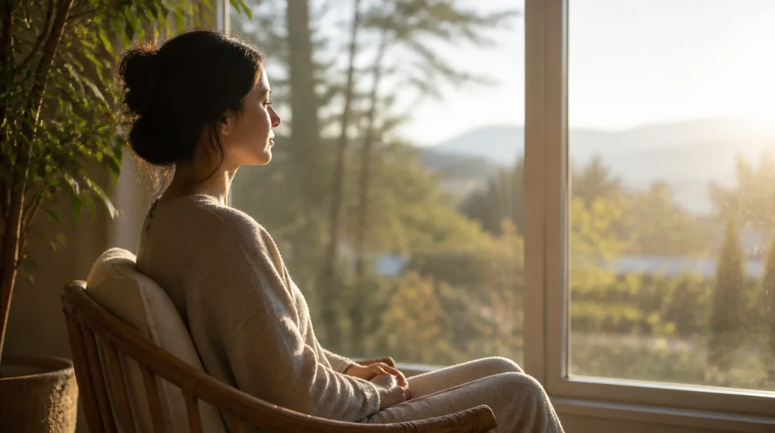Person sitter lugnt vid ett ljust fönster i mjukt morgonljus med händerna i knät, fridfull stämning