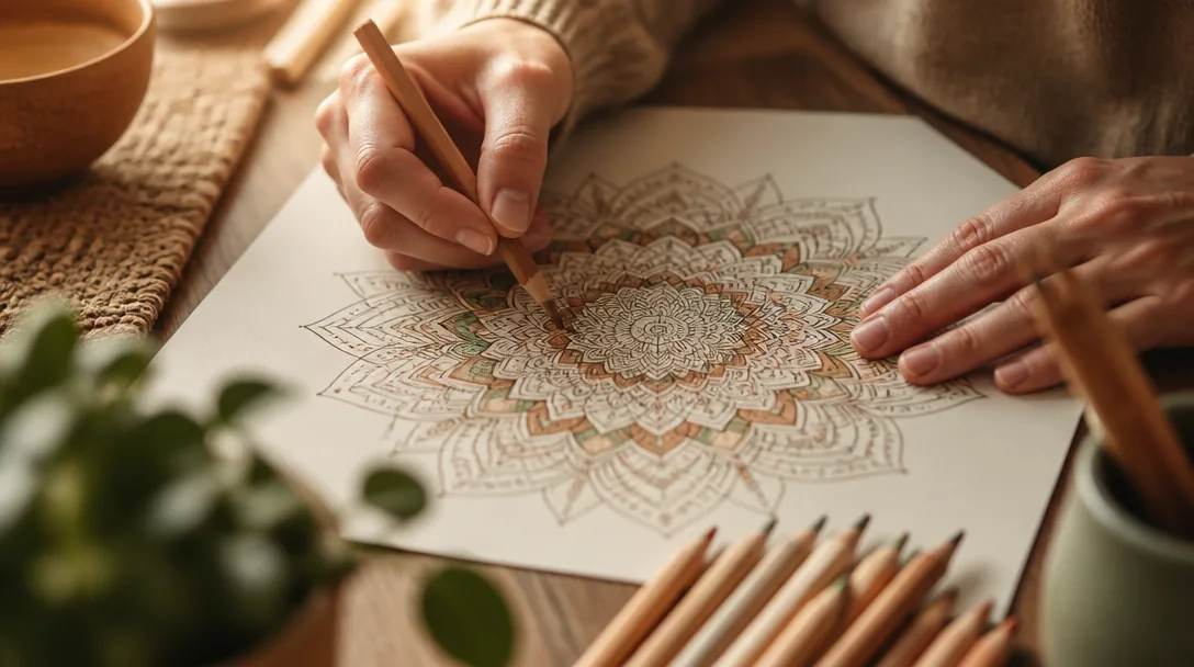 Närbild av händer som färglägger ett mandala-mönster med färgpennor i lugn och koncentrerad stämning