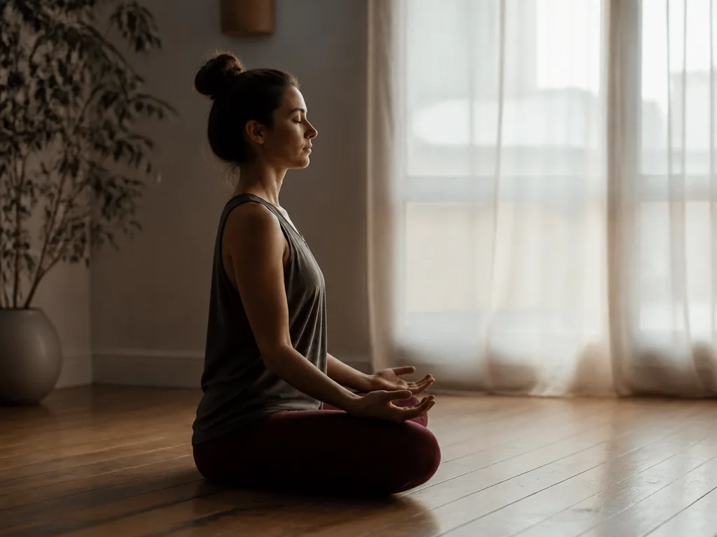 Person som sitter i tyst meditation på ett trägolv vid ett stort fönster med mjukt morgonljus – symboliserar mindfulness övning och medveten närvaro