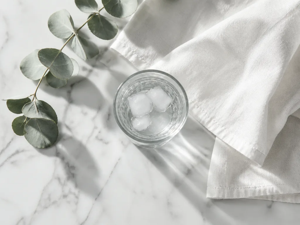 Minimalistisk bild med vikt linnehandduk, vattenglas och eukalyptusgren på vit marmoryta i mjukt naturligt ljus