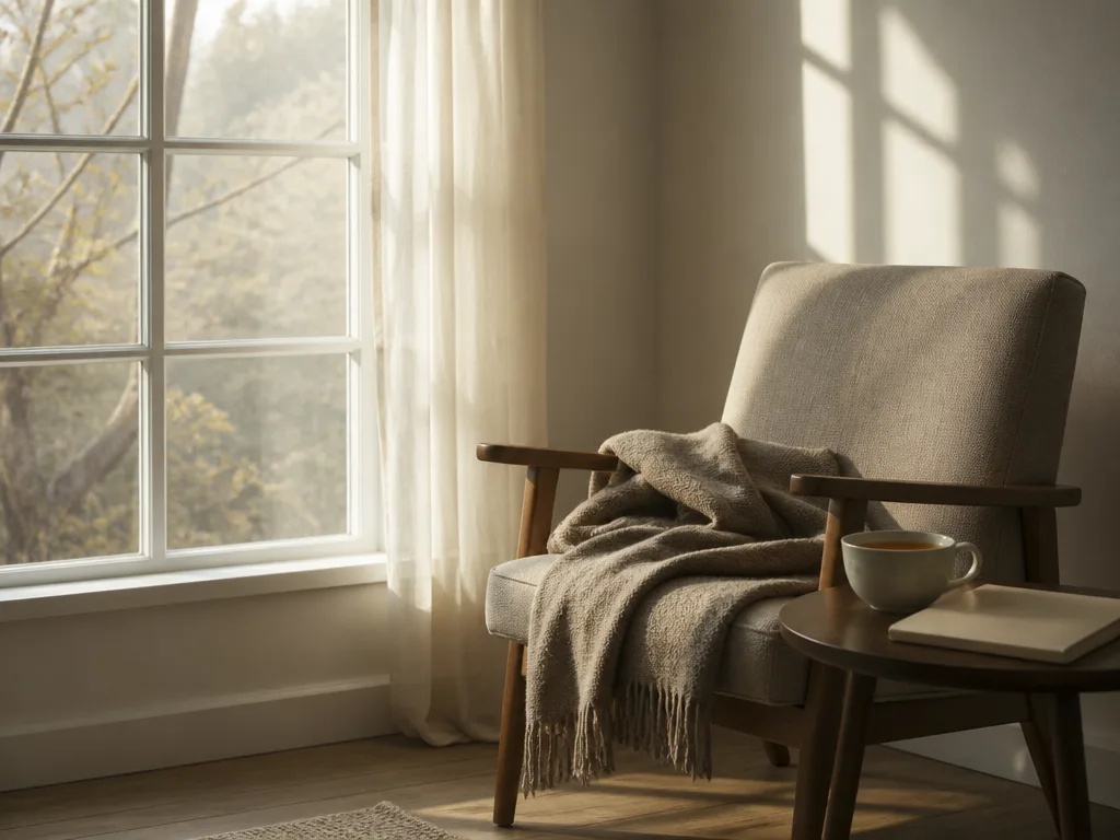 En tom stol vid ett fönster i mjukt morgonljus, med en filt och en kopp te på ett litet bord, stillsam och kontemplativ stämning