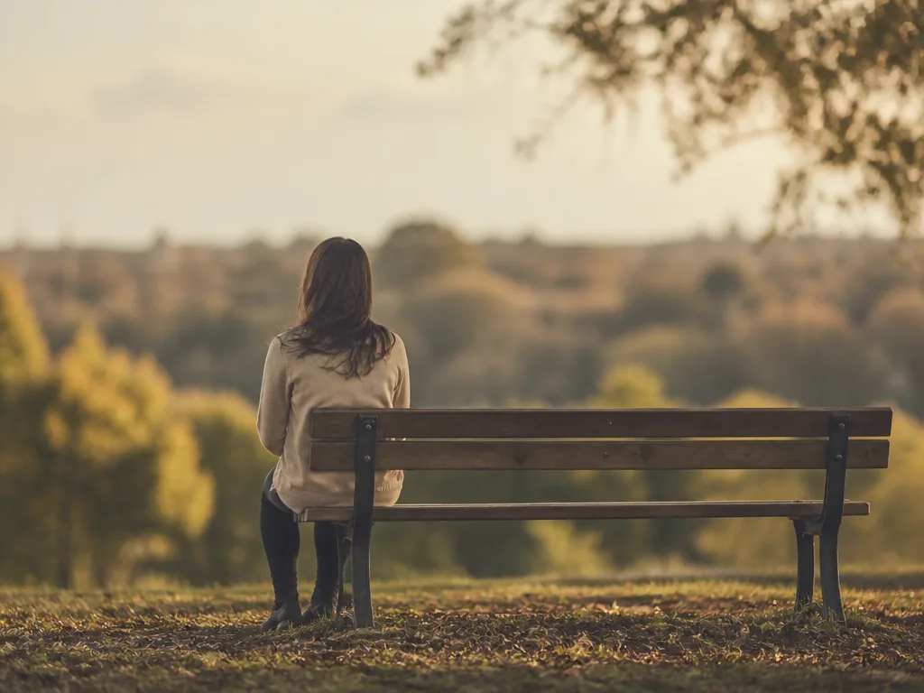 En person sitter ensam på en parkbänk med tomt utrymme bredvid, mjukt eftermiddagsljus och en känsla av vemodigt avstånd