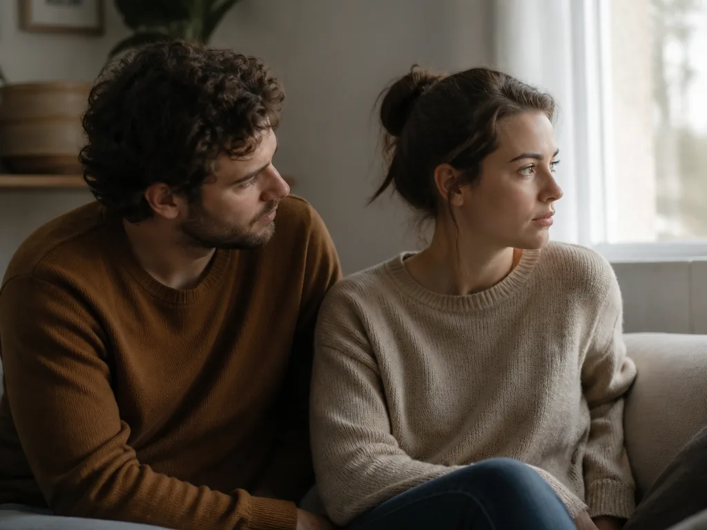 Två personer i ett mjukt upplyst vardagsrum, den ena lutar sig lätt mot den andra som tittar bort mot ett fönster, en känsla av närhet och distans på samma gång