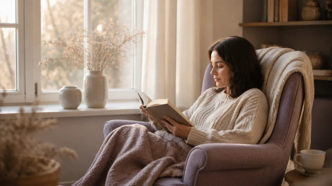 Person läser en bok ensam i en fåtölj vid fönstret, varmt naturligt ljus, lugn och fridfull stämning