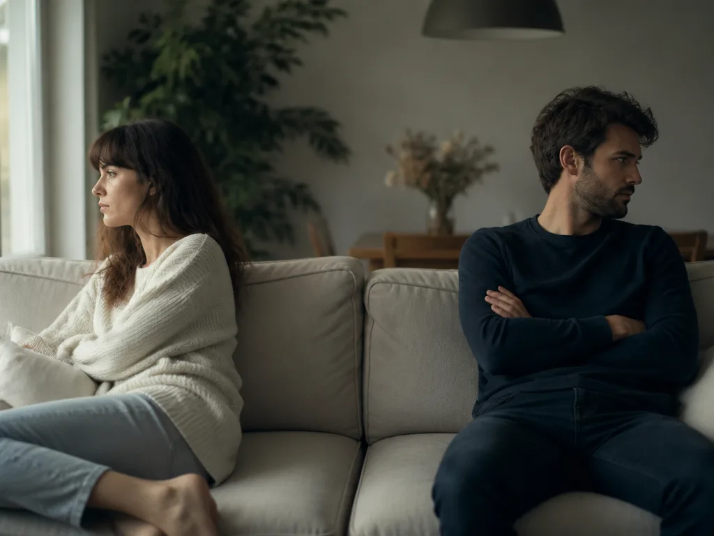 Två personer sitter i varsin ände av en soffa och undviker ögonkontakt i ett tyst, spänt vardagsrum