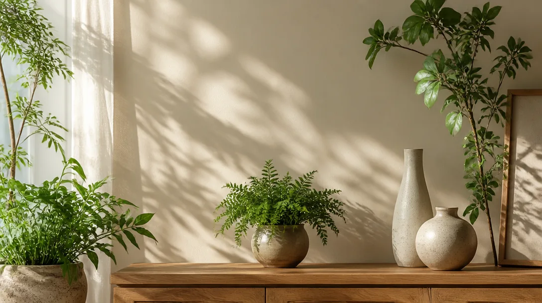 Gröna växter i mjukt naturligt ljus i ett lugnt hemhörn, minimalistisk och fridfull inredning
