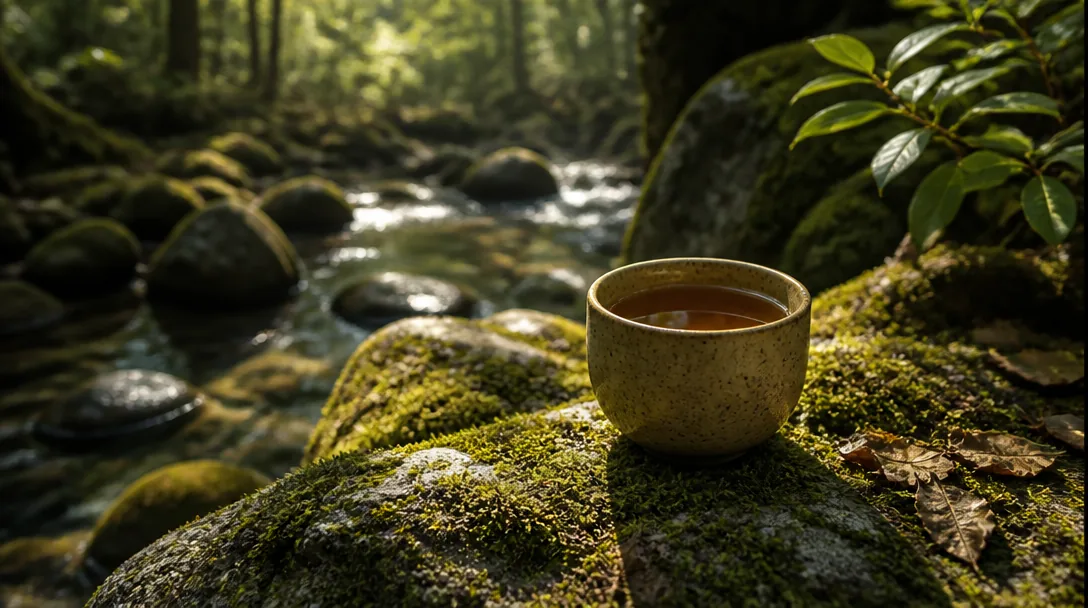 Te i en enkel mugg på ett naturligt träbord, dämpat morgonljus, stilla och fridfull stämning