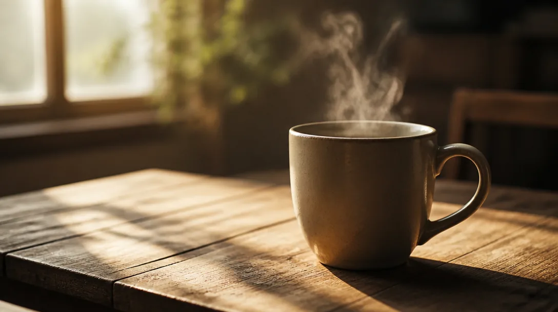En enkel keramikmugg med te på ett naturligt träbord i mjukt morgonljus, stillsam och varm stämning