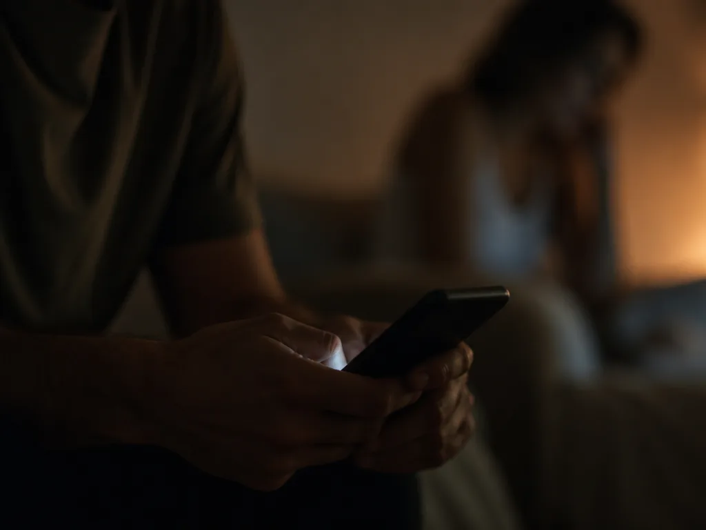 En hand håller en mobiltelefon som lyser svagt i ett mörkt rum, med en suddig siluett i varm bakgrundsbelysning