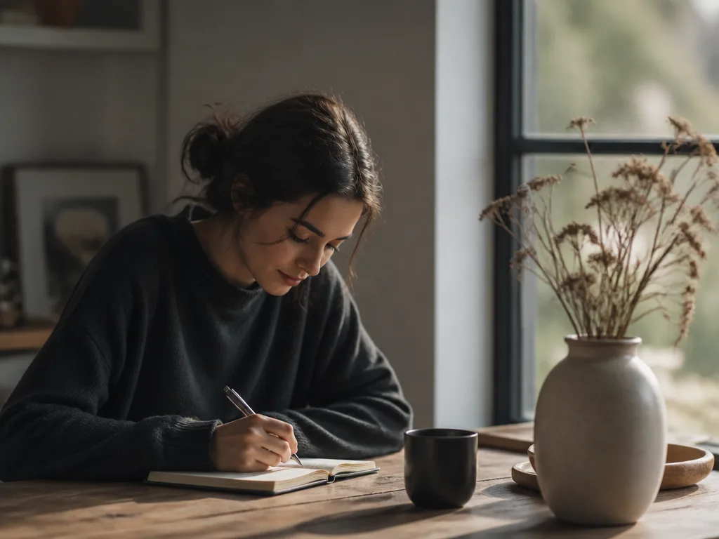 Person skriver lugnt i en anteckningsbok vid ett skrivbord i mjukt morgonljus