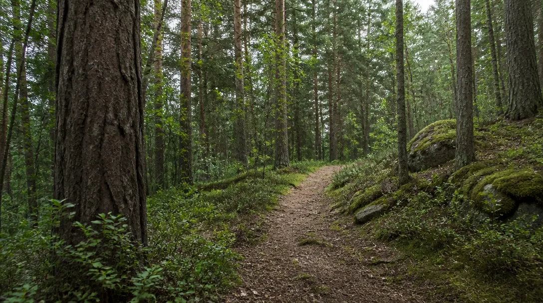Lugn promenad längs en stig i skogen, dämpad grön natur med mjukt naturligt ljus