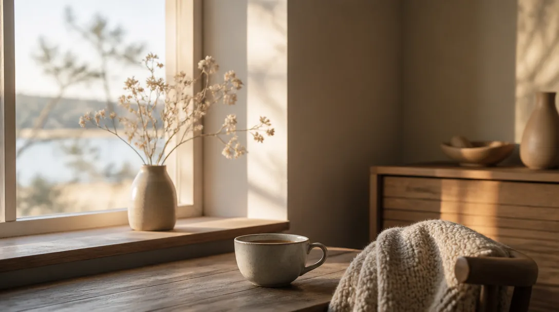 Stilla paus med kaffe vid ett fönster i mjukt morgonljus, lugn och fridfull stämning