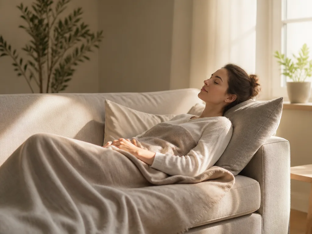 Person vilar avslappnat i en soffa vid ett fönster med mjukt morgonljus, symboliserar återhämtning efter utmattningssyndrom