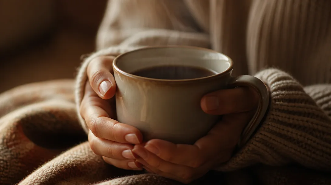 Närbild på händer runt en varm kopp, lugn och varm stämning i mjukt naturligt ljus