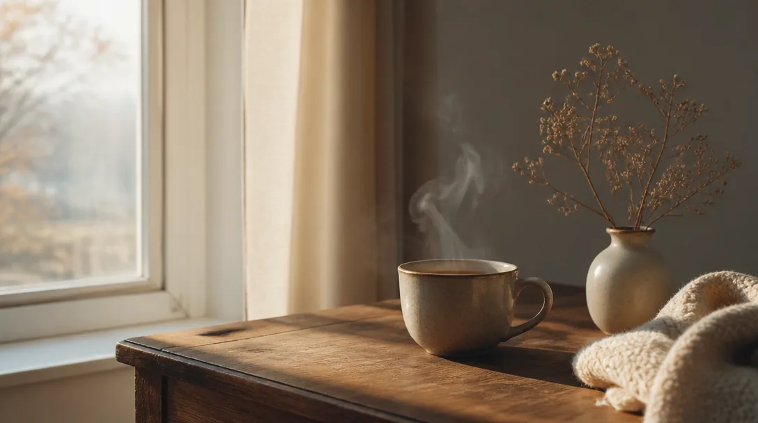 Stilla morgonstund vid ett fönster med kaffe och mjukt naturligt ljus, lugn och fridfull atmosfär