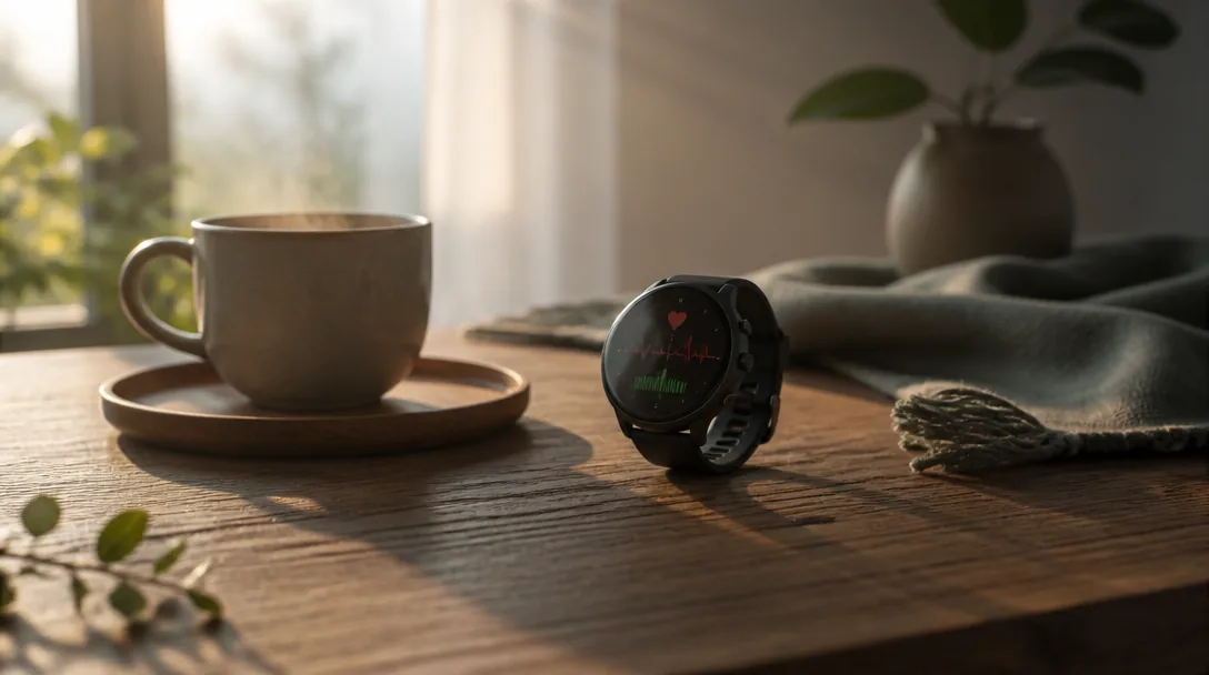 Smartklocka i morgonljus på träbord bredvid kaffekopp, lugn morgonritual