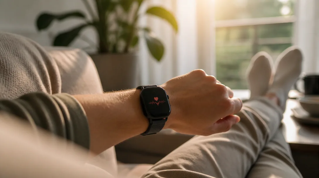 Smartklocka med pulsdata på handled i mjukt morgonljus, lugn och stillhet