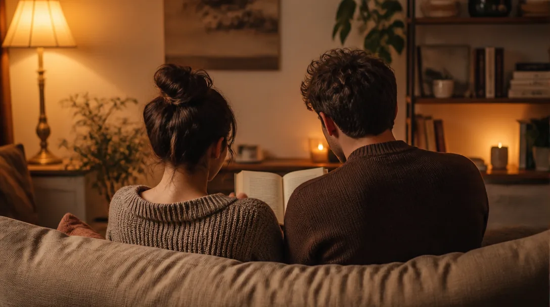 Två personer sitter nära varandra i en soffa och läser, sedd bakifrån i varmt lampljus