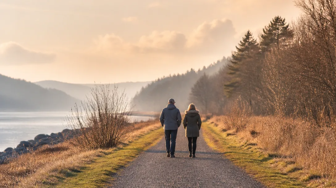 Två personer promenerar sida vid sida på en lugn stig i varmt eftermiddagsljus