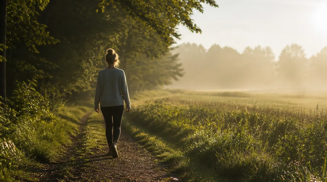 Person promenerar ensam på en stig i skog i mjukt morgonljus, bakifrån, frihetskänsla och stillhet