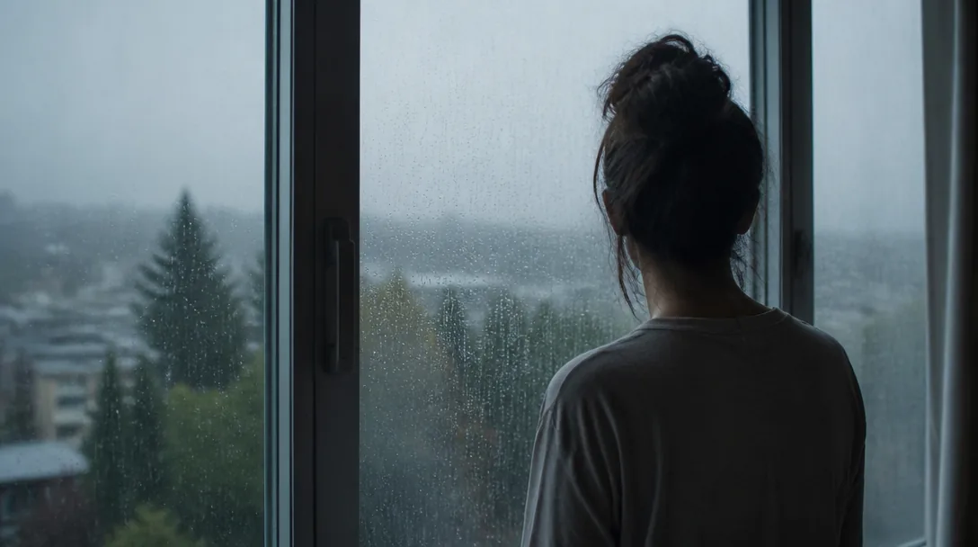 Person vid ett fönster ser ut mot regnet, sedd bakifrån i mjukt grått ljus