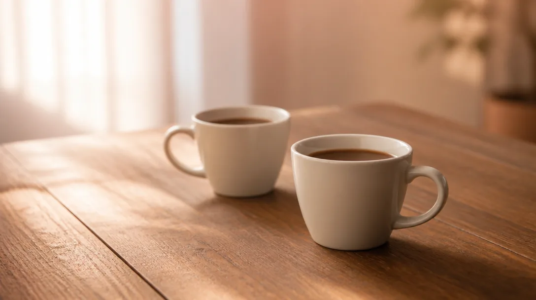 Två kaffekoppar på ett bord i mjukt dagsljus, lugn och stilla atmosfär