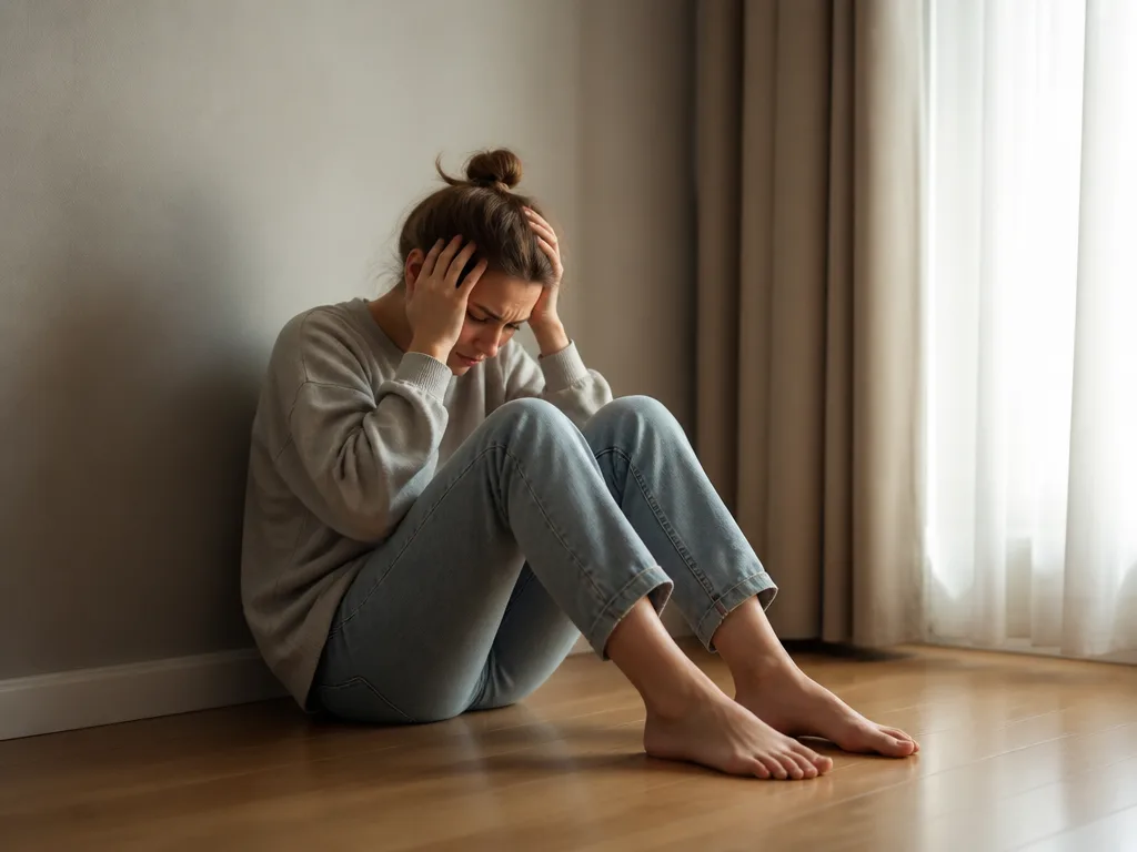 Person sitter på golvet och håller sig för huvudet med känsla av yrsel och ostadighet, mjukt naturligt ljus