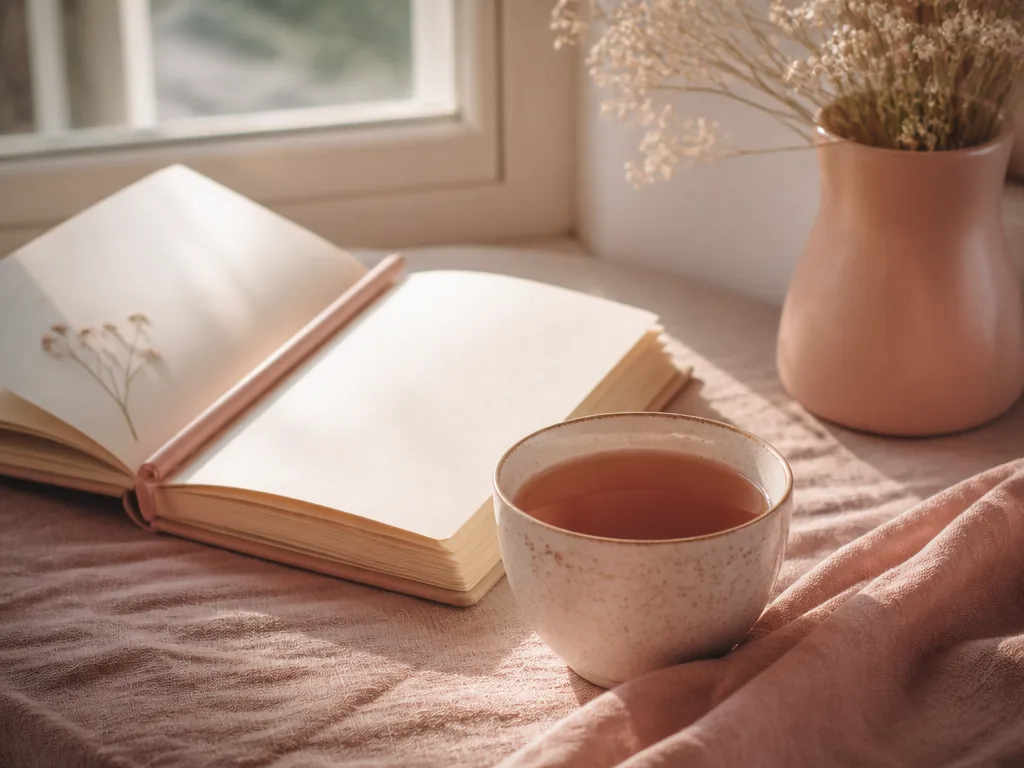 Lugn morgon med te och anteckningsbok i naturligt ljus